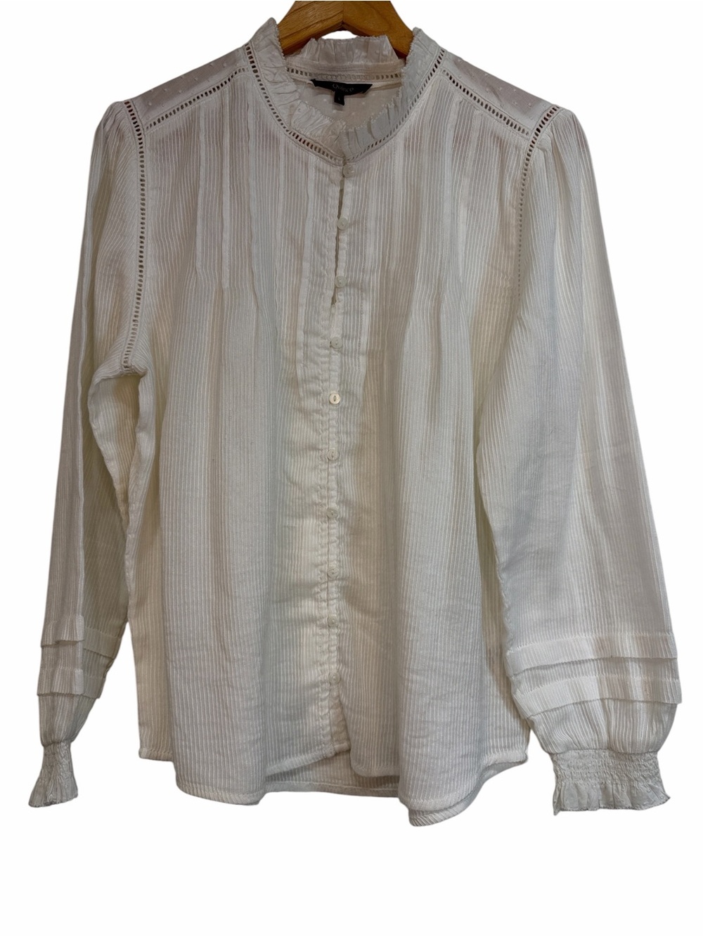 Quince White Cotton Ruffle Neck Swiss Dot Pintuck Victorian Cottage Top Large - Picture 2 of 8